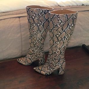 Katari Tan Snake Pointed-Toe Knee High Boots